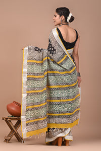 Block Printed Cotton linen Saree With Unstiched Blouse