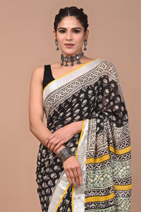 Block Printed Cotton linen Saree With Unstiched Blouse