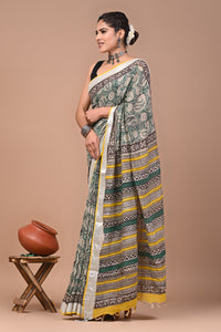 Block Printed Cotton linen Saree With Unstiched Blouse