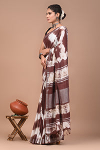 Block Printed Cotton linen Saree With Unstiched Blouse