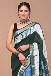 Block Printed Cotton linen Saree With Unstiched Blouse