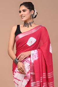 Block Printed Cotton linen Saree With Unstiched Blouse