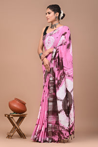 Block Printed Cotton linen Saree With Unstiched Blouse