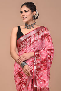 Block Printed Cotton linen Saree With Unstiched Blouse