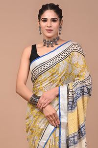 Block Printed Cotton linen Saree With Unstiched Blouse