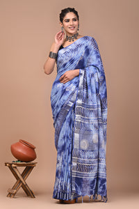 Block Printed Cotton linen Saree With Unstiched Blouse