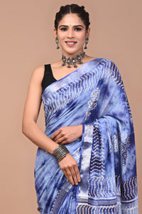 Block Printed Cotton linen Saree With Unstiched Blouse