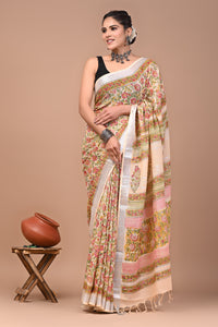 Block Printed Cotton linen Saree With Unstiched Blouse