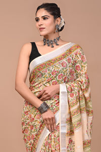 Block Printed Cotton linen Saree With Unstiched Blouse