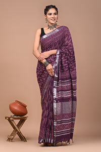 Block Printed Cotton linen Saree With Unstiched Blouse