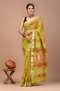 Block Printed Cotton linen Saree With Unstiched Blouse