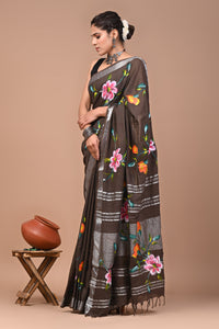 Block Printed Cotton linen Saree With Unstiched Blouse