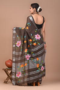 Block Printed Cotton linen Saree With Unstiched Blouse