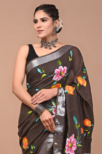 Block Printed Cotton linen Saree With Unstiched Blouse