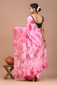 Block Printed Cotton linen Saree With Unstiched Blouse