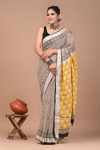 Block Printed Cotton linen Saree With Unstiched Blouse