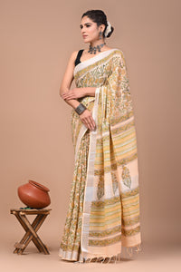 Block Printed Cotton linen Saree With Unstiched Blouse