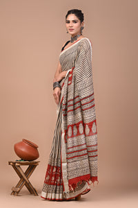 Block Printed Cotton linen Saree With Unstiched Blouse