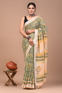 Block Printed Cotton linen Saree With Unstiched Blouse