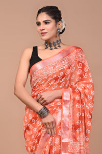 Block Printed Cotton linen Saree With Unstiched Blouse