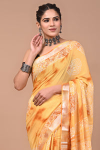 Block Printed Cotton linen Saree With Unstiched Blouse