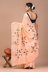 Block Printed Cotton linen Saree With Unstiched Blouse