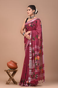 Block Printed Cotton linen Saree With Unstiched Blouse