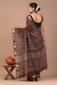 Block Printed Cotton linen Saree With Unstiched Blouse