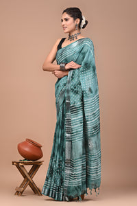 Block Printed Cotton linen Saree With Unstiched Blouse