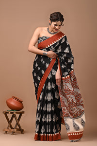 Jaipuri Printed Pure Cotton Mulmul Saree With Blouse