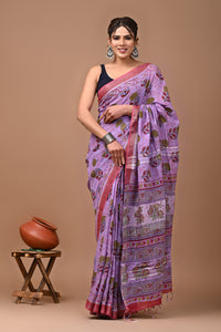 Block Printed Cotton linen Saree With Unstiched Blouse