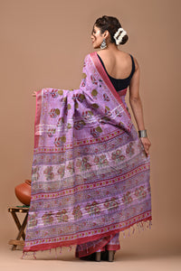 Block Printed Cotton linen Saree With Unstiched Blouse