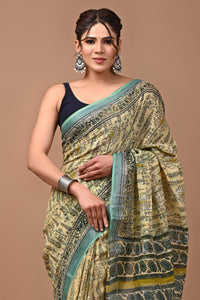 Block Printed Cotton linen Saree With Unstiched Blouse