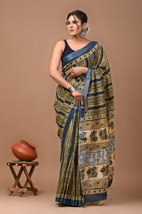 Block Printed Cotton linen Saree With Unstiched Blouse