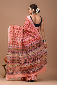 Block Printed Cotton linen Saree With Unstiched Blouse