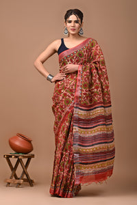 Block Printed Cotton linen Saree With Unstiched Blouse