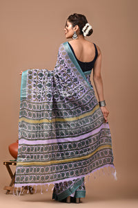 Block Printed Cotton linen Saree With Unstiched Blouse