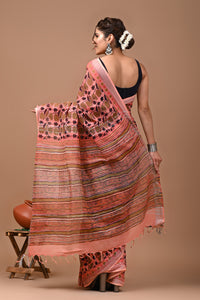 Block Printed Cotton linen Saree With Unstiched Blouse