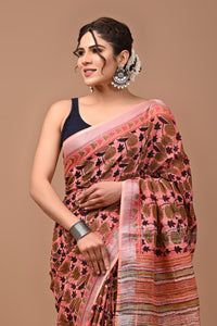 Block Printed Cotton linen Saree With Unstiched Blouse