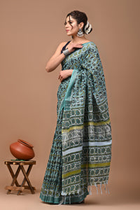 Block Printed Cotton linen Saree With Unstiched Blouse