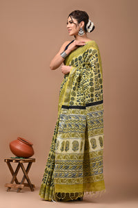 Block Printed Cotton linen Saree With Unstiched Blouse