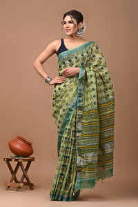 Block Printed Cotton linen Saree With Unstiched Blouse