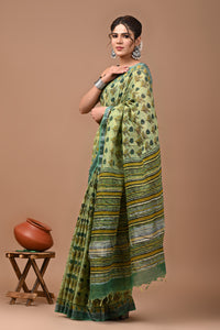 Block Printed Cotton linen Saree With Unstiched Blouse