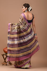 Block Printed Cotton linen Saree With Unstiched Blouse