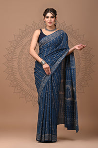 Indian Block Printed Cotton Saree With Blouse