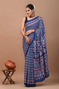 Jaipuri Printed Pure Cotton Mulmul Saree With Blouse