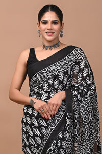 Jaipuri Printed Pure Cotton Mulmul Saree With Blouse