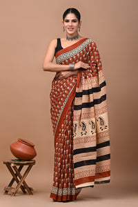 Jaipuri Printed Pure Cotton Mulmul Saree With Blouse