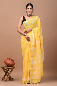 Block Printed Cotton linen Saree With Unstiched Blouse