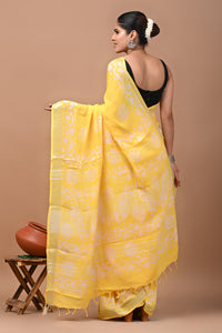 Block Printed Cotton linen Saree With Unstiched Blouse